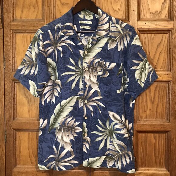 Vtg. Batik Bay 100% Silk Hawaiian Shirt Men's M  Blue Tan SS Top Loop Button Up - Picture 2 of 11